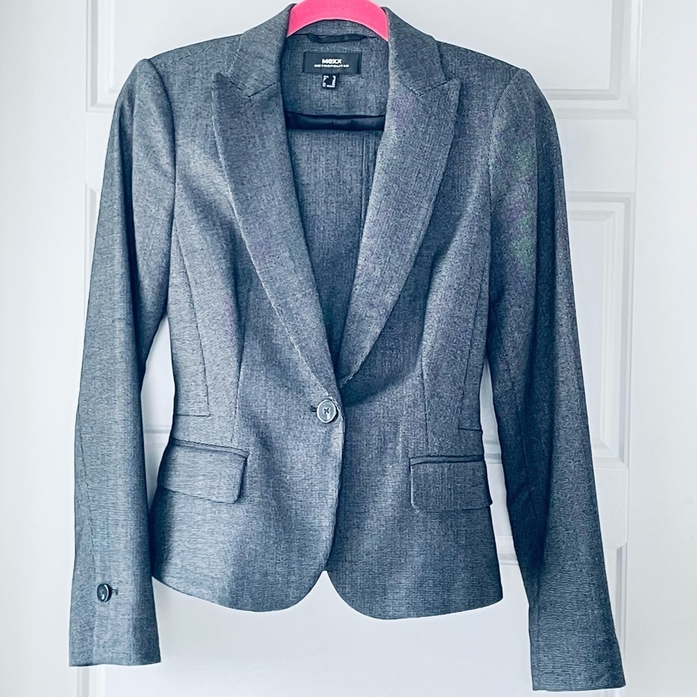 MEXX METROPOLITAN GREY SKIRT SUIT BLAZER SIZE 34 SKIRT SIZE 36